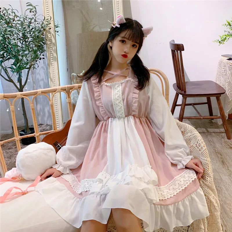 Kawaii/платье в японском стиле «Лолита»; мягкое милое Повседневное платье для девочек с короткими рукавами; студенческое летнее платье