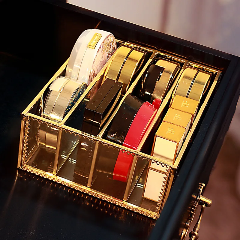 Luxury Golden Makeup Organizer Desktop Makeup Powder Storage Box Lipstick Holder Eye Shadow Case Jewelry Cosmetic Storage Box