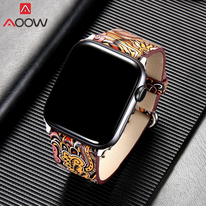 Кожаный ремешок для часов Apple Watch 38 мм 42 мм 40 мм 44 мм цветочный ремешок с цветочным принтом Национальный стиль браслет для iwatch 1 2 3 4
