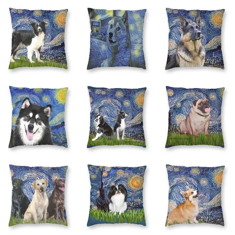 

Starry Night Border Collie Cushion Cover Sofa Living Room Animal Oil Painting Dog Square Throw Pillow Cover 45x45