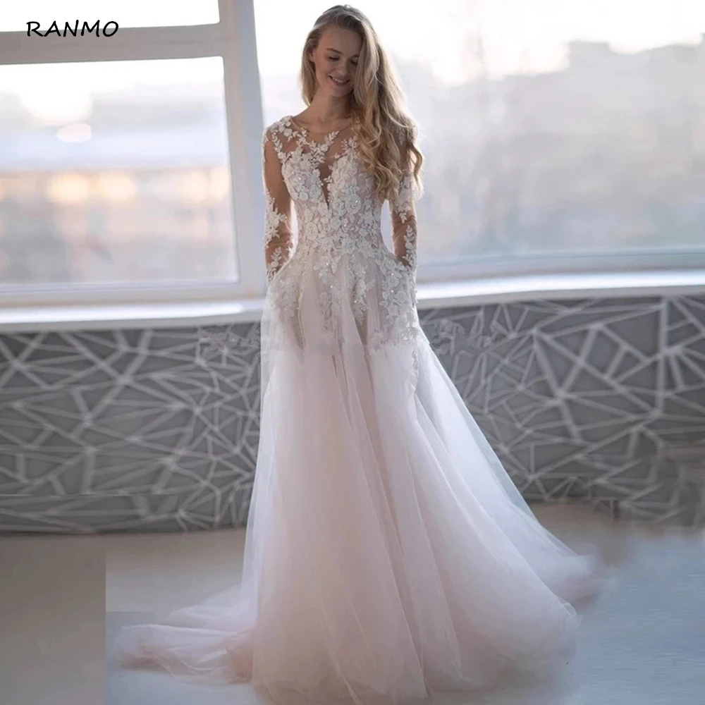 

Romantic Pink Tulle Long Sleeves Wedding Dresses 2021 Beading Lace Appliques Scoop Backless Bridal Wedding Gowns Robe De Mariée