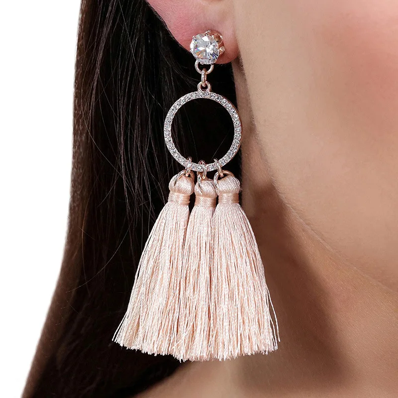 NJ богемная кисточка кристалл длинные висячие серьги для женщин Розовая