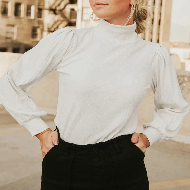 

Women's Fashion Casual High Collar Temperament Button White Slim Long Sleeve Top White