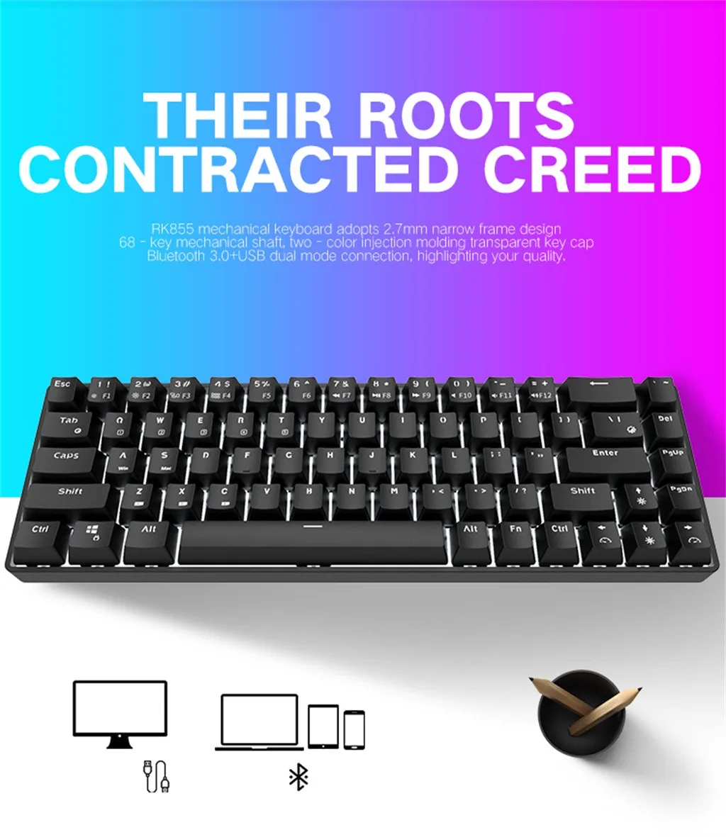 RK855 двойной режим 68 Портативный клавиатуры эргономичная игровая механическая