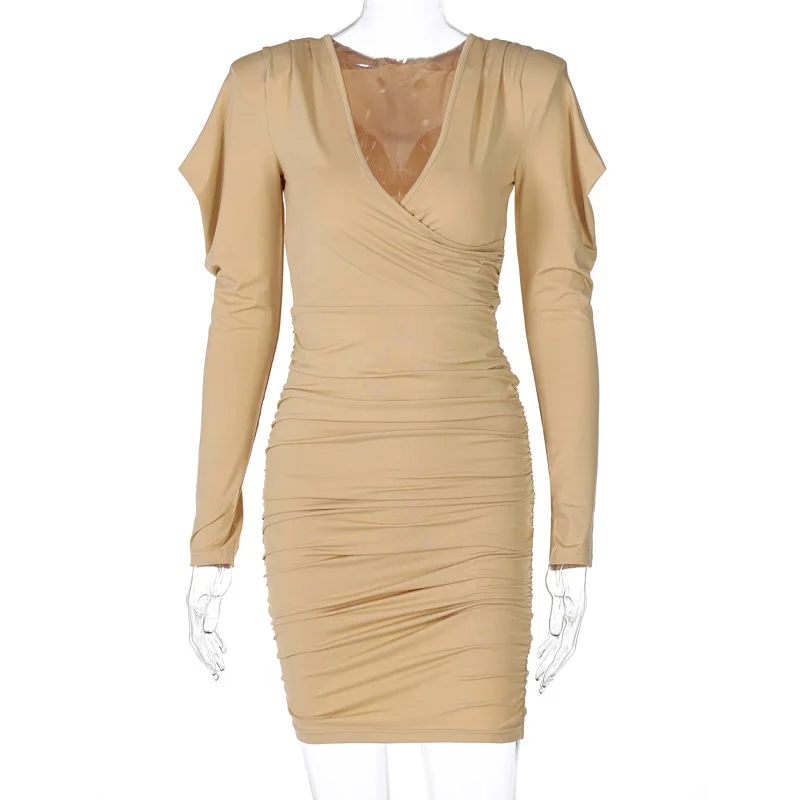 

FAKUNTN Dress Women 2021 Winter Clothes Solid Sexy Deep V-Neck Long-Sleeve Dresses Elegant Party Club Sexy Mini Women's Dress