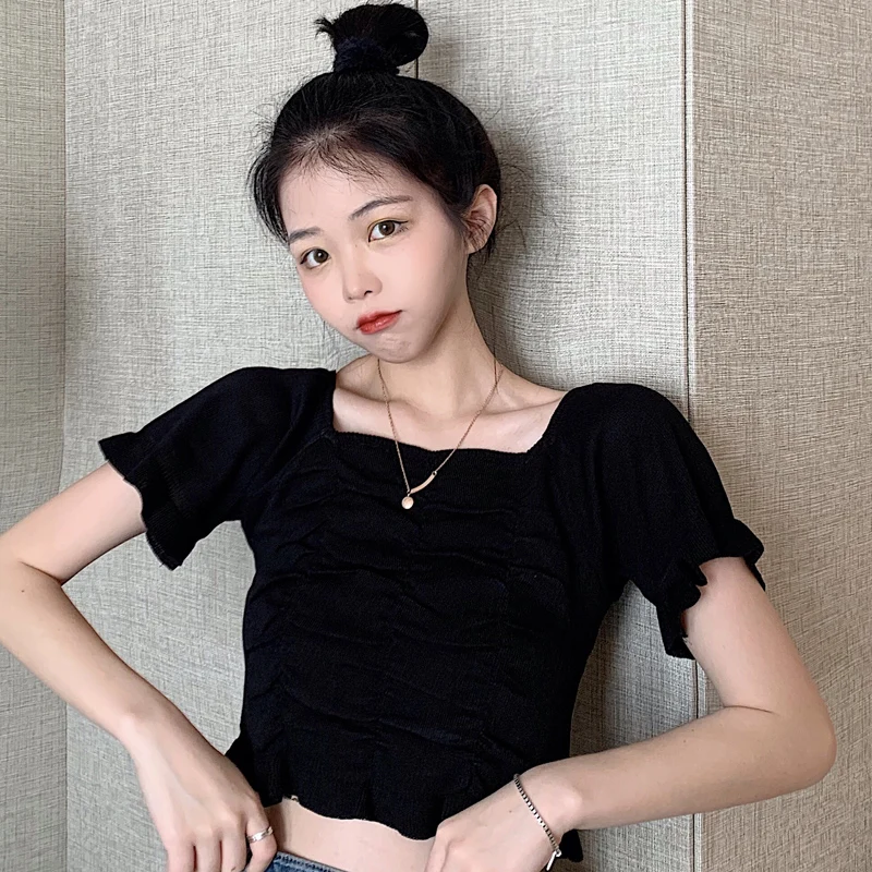 Трикотажные квадратный воротник футболка с короткими рукавами женский