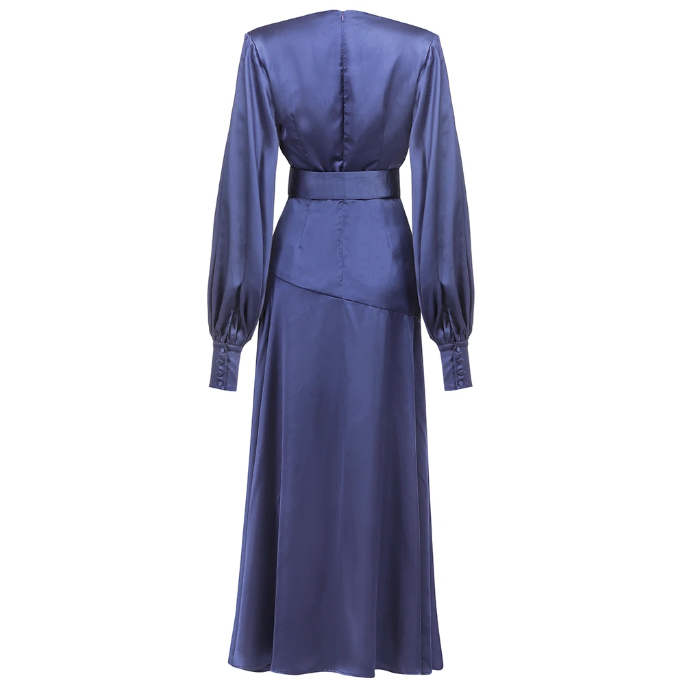 

New Arrivals Blue Deep V Neck Long Sleeve Belt A Line Evening Formal Side Slit High Street Party Dress