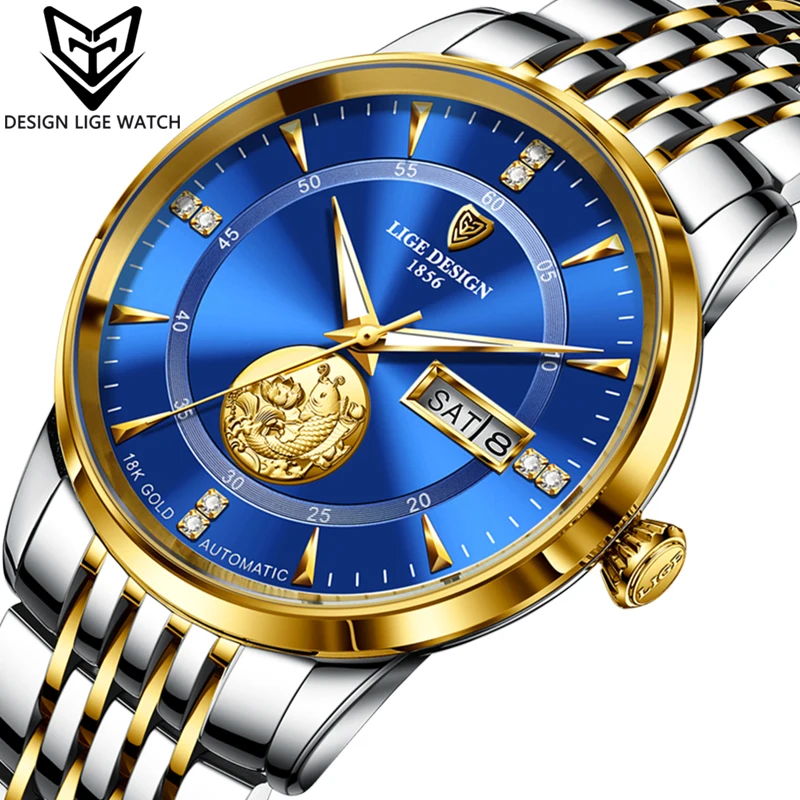 

LIGE Men Mechanical Watch Golden Top Brand Luxury Automatic Watch Sport Stainless Steel Waterproof Watch Men relogio masculino