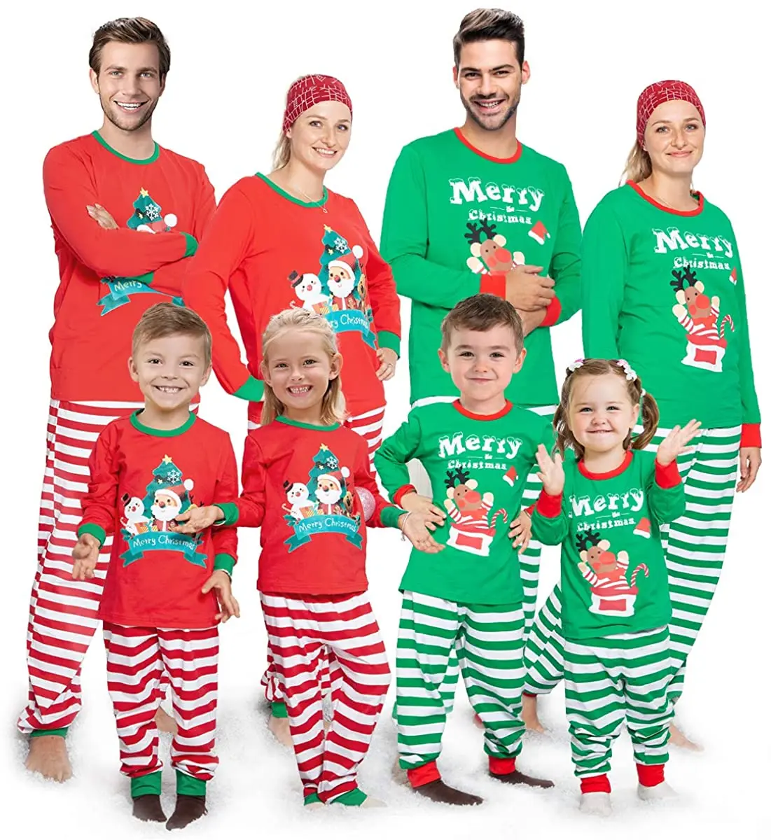 

WOSHILAOCAI 2021 Christmas Family Matching Pajama Clothes Set 2pcs Soft Sleepwear Cartoon Santa Print Tops + Striped Long Pants