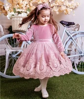 princess pink long sleeve birthday party gown lace velvet flower girl dress kid cloth photography