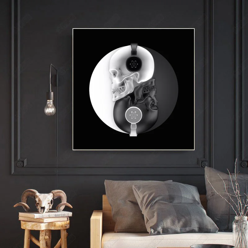 Плакат Современный черно-белый настенный Арт Абстрактные черепа музыка холст