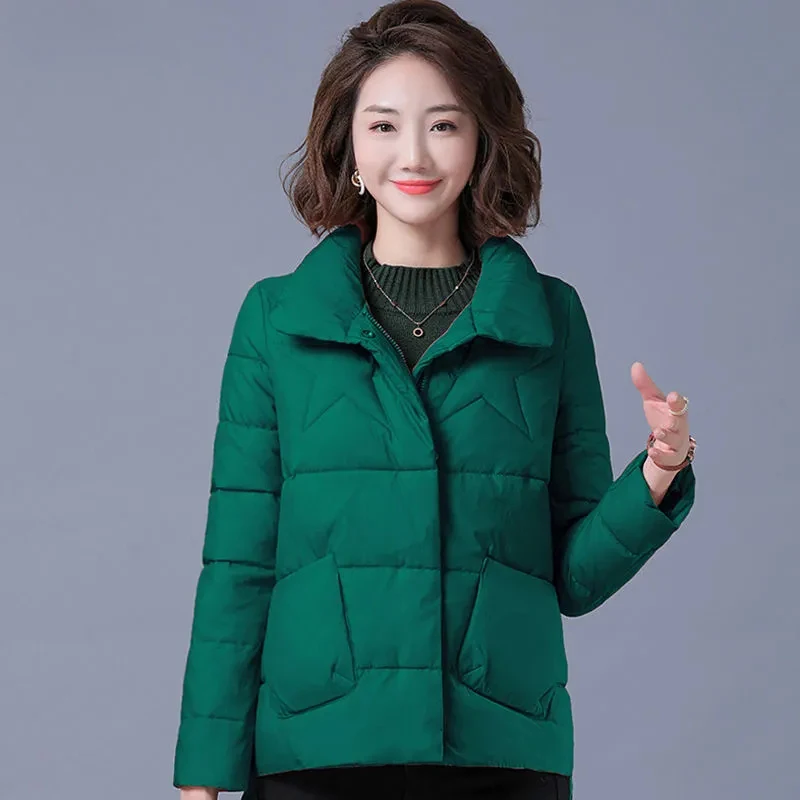

Female Short Jacket Down Cotton Winter Thick Warm Cropped Parkas Plus Size Stand Collar Solid Color Middle Aged Coats Women