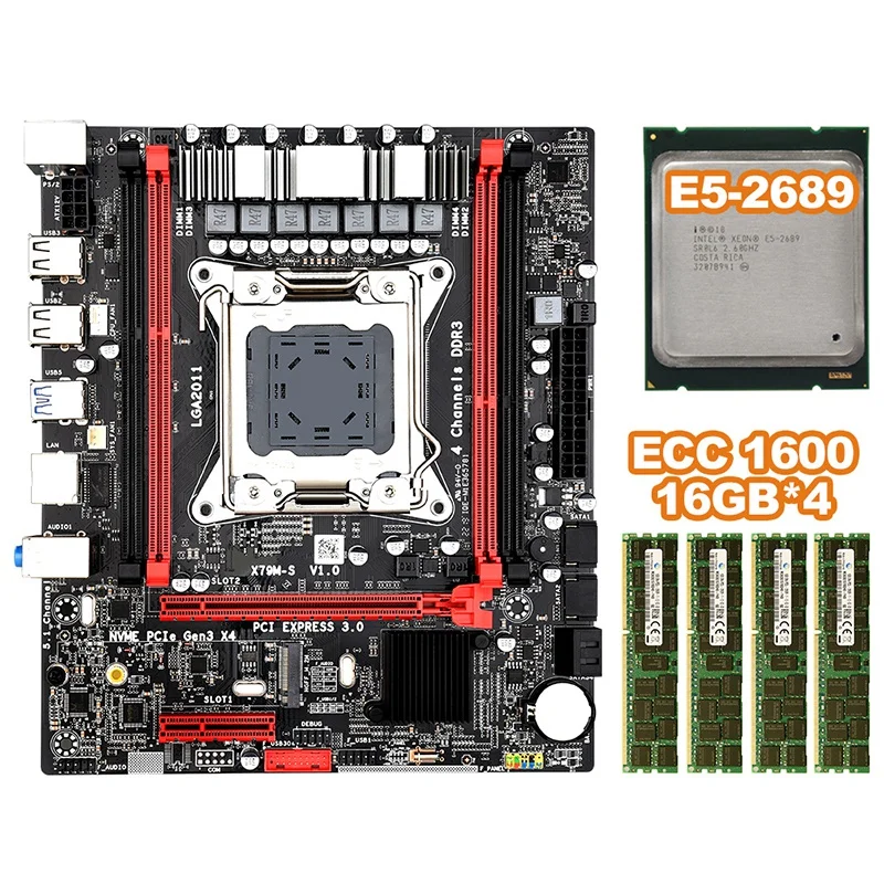 X79MS LGA2011 Motherboard Set Combos with E5 2689 4-Ch 4 x 16GB 64G 1600Mhz DDR3 ECC Support M.2 NVMe SATA3 USB3.0 | Компьютеры и офис