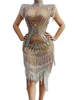 tassel crystal rhinestone dress skinny sheath dress women party prom engagement formal dress nightclub singer stage costume