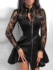 Соблазнительное женское черное кружевное лоскутное мини-платье, Осеннее вечернее платье с длинным рукавом и воротником-стойкой, женские винтажные приталенные платья в клетку на молнии