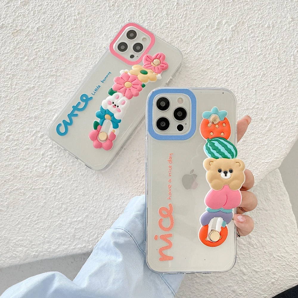 

3D Cartoon Bear Wrist Strap Phone Case for IPhone 12 11 Pro Max XR XS Soft Wrist strap flowers Cover for IPhone 7 8 Plus SE 2020