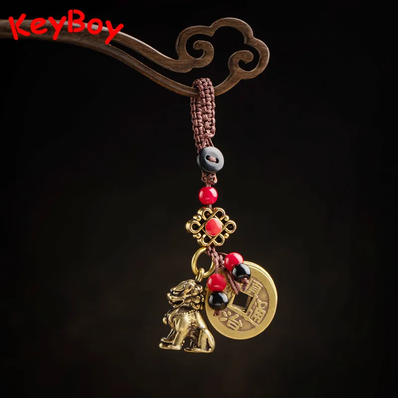 Античный латунный брелок в виде зверя Льва шнурок Подвески ручной работы веревка