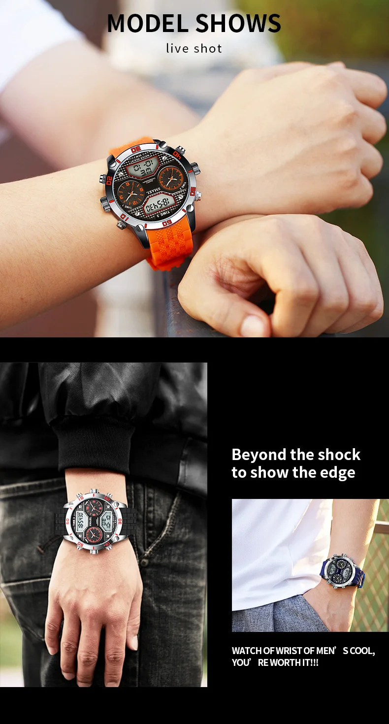 Часы smael большой циферблат Мужские спортивные часы индикатор второго часового