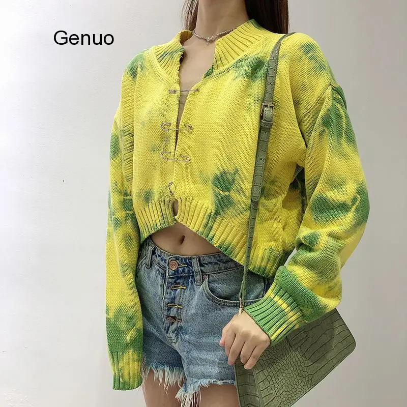

Harajuku Autumn Chic Tie-dye Candy Color Rainbow Color Pink Sweet Big Pin Loose Short Crop Cardigan Sweater For Female