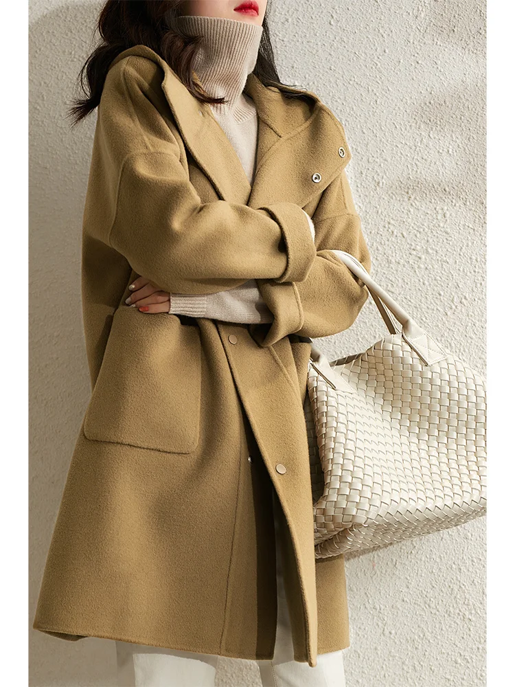 

Temperament Age Reducing Casual Hooded Full Wool Double Faced Woolen Overcoat Female