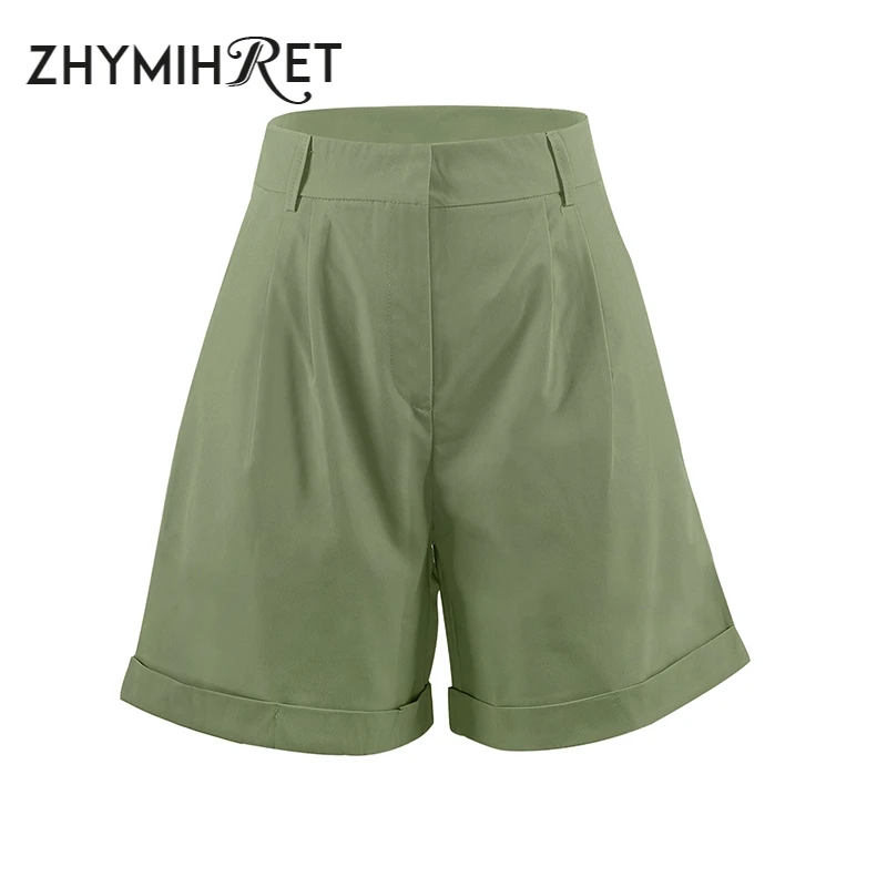 

ZHYMIHRET Blue Elegant High Waist Suit Shorts Women 2021 Summer Casual Solid Wide Leg Bermuda Shorts With Pockets