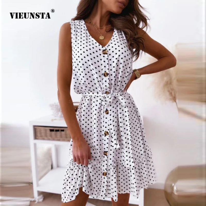 

2021 New Summer V-neck Sleeveless Polka Dot Print Dress Women Casual Buttons Slim A-line Dress Elegant Party Dresses Vestido 2XL
