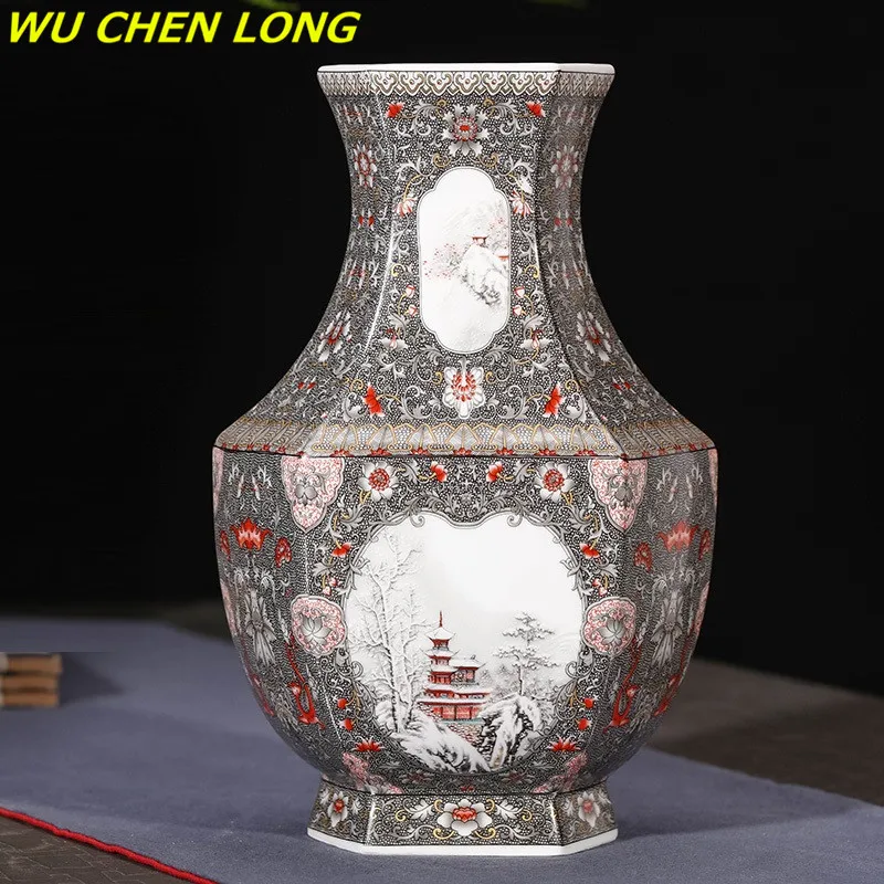 

WU CHEN LONG Archaize Enamel Ceramic Vase Snow Scene Hexagonal Bottle Antique Porcelain Collection Floral Organ Decoration R5778