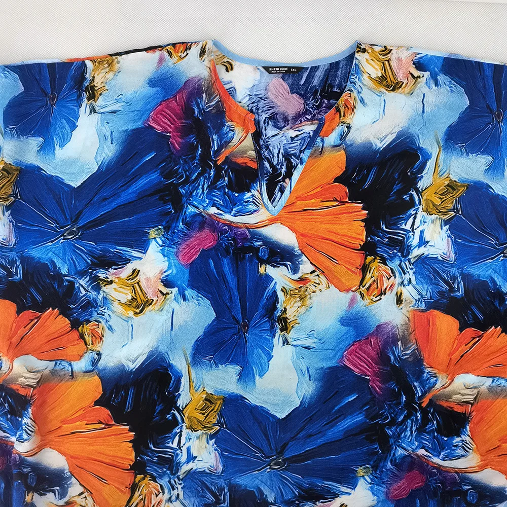 

Color Printing Dress Large Size Women's V-Neck 3/4 Bat Sleeve Collocation Fashion Leisure Vacation Loose Long Dress 2021 New