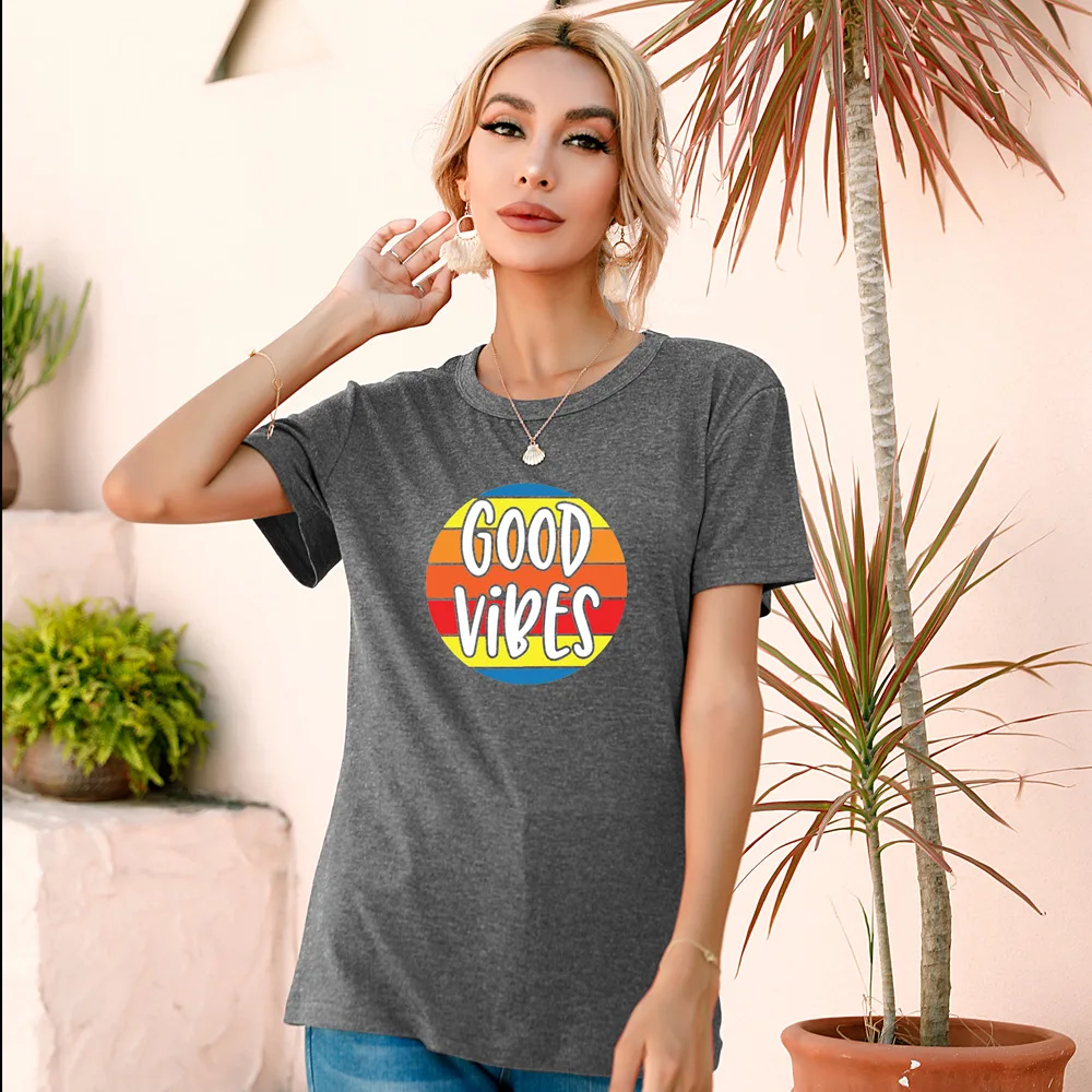 

2021 Women Good Vides Letter Print T shirt Casual Fashion Comfort Tops Five Color Circle Graphic Lady Crew Neck Kawaii Regular