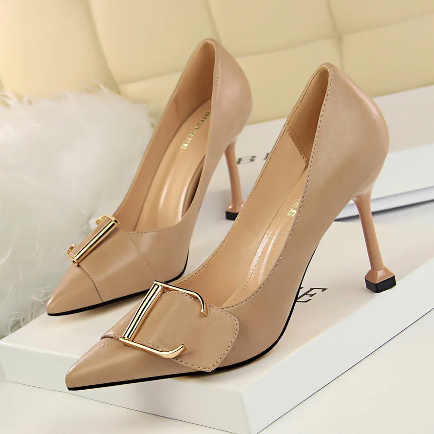 

278-3 professional ol high heels women's shoes high heels shallow mouth pointed metal belt buckle sexy thin single shoes