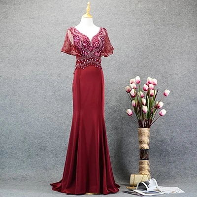 as photo wine red YY061 murlya Wurfel Русалка платья выпускного вечера атласные v-образным вырезом бисером красное вино вечерние платья с рукавом длиной до пола rochii de seara - Цвет: as photo wine red