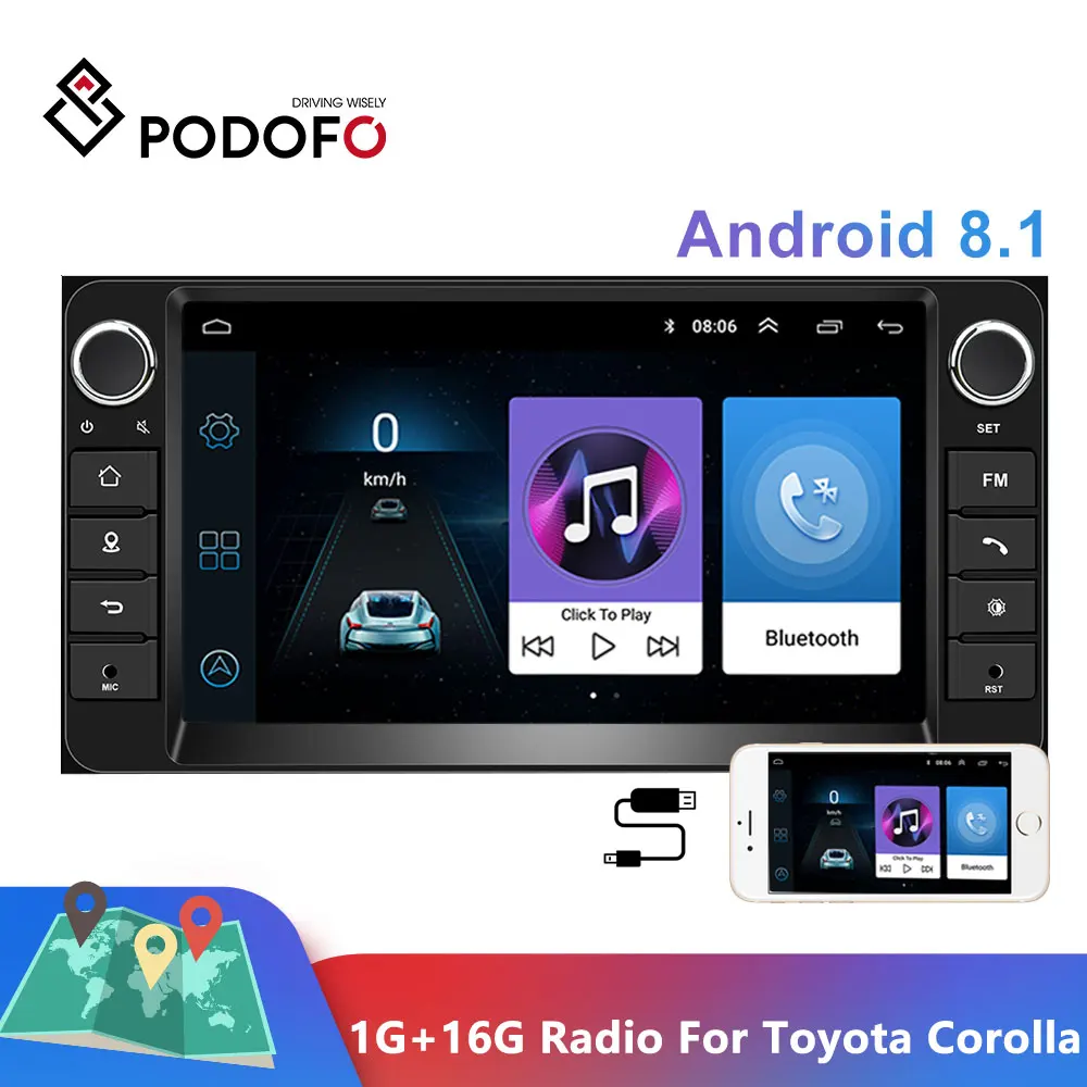 Podofo 1G + 16G Android 8 1 Автомагнитола 7 ''автомобильное радио для машины Стерео gps MP5