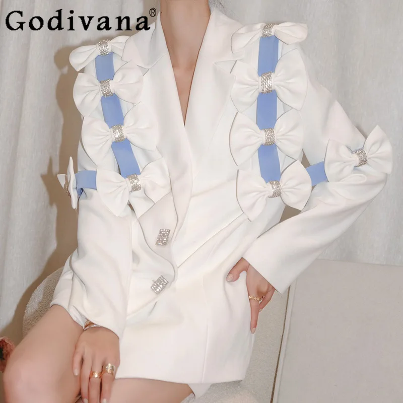 

Simple Solid Color Rhinestone Buckle Suit Jacket 2021 Winter Bow Slimming Blazer for Women Notched Long Sleeve Coat Female