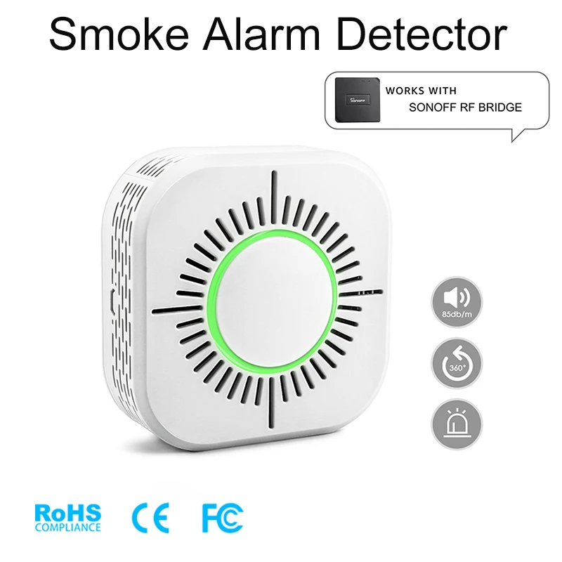 

Wireless Smoke Detector Compatible with Sonoff RF Bridge for Smart Home Alarm Security 433MHz Sensitive Super-long standby life