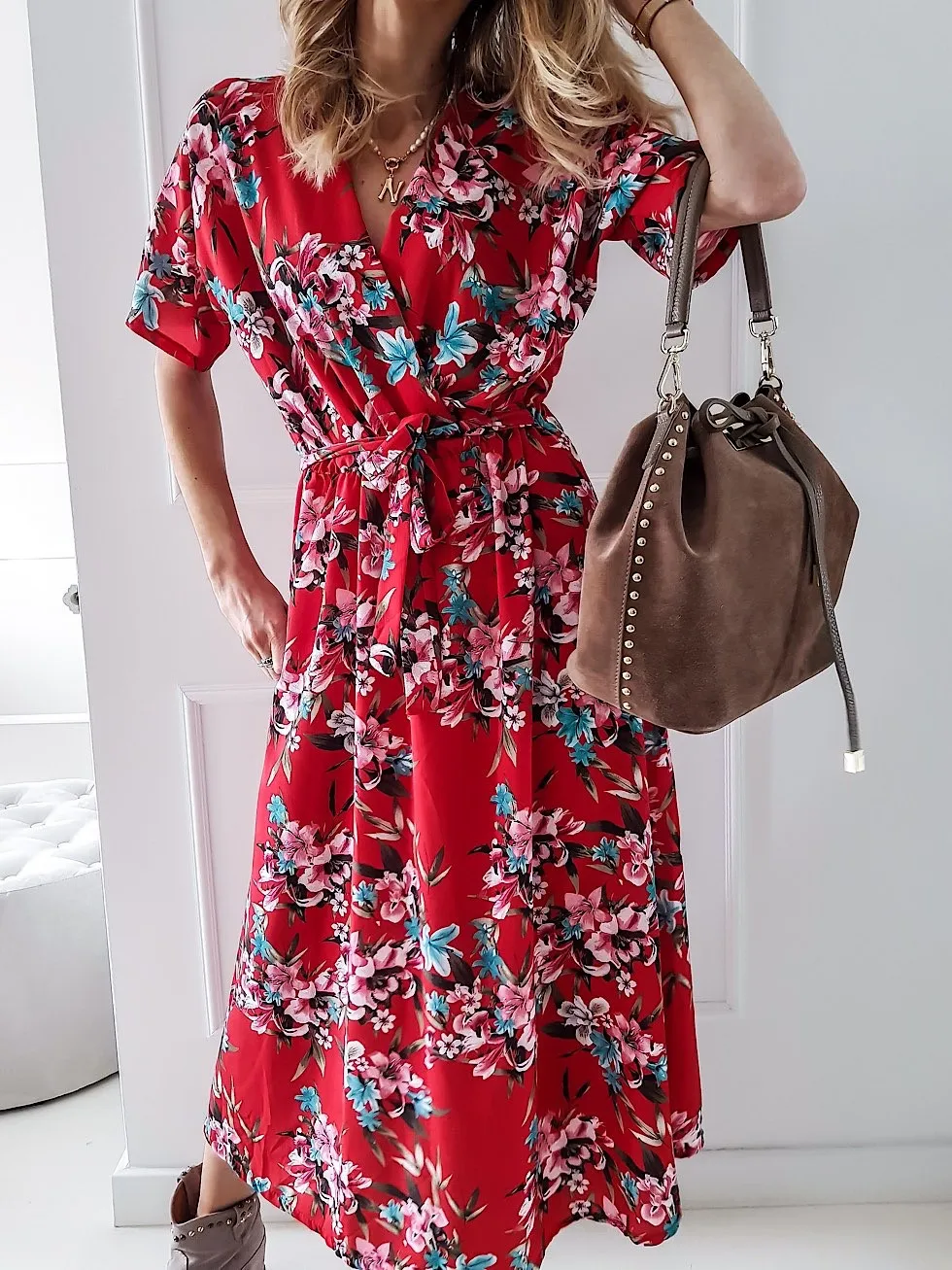 

Flowers Print Dresses V-neck Short-sleeved Lace-up Long Skirt Casual Loose Dress Summer New Fashion Women's Clothing