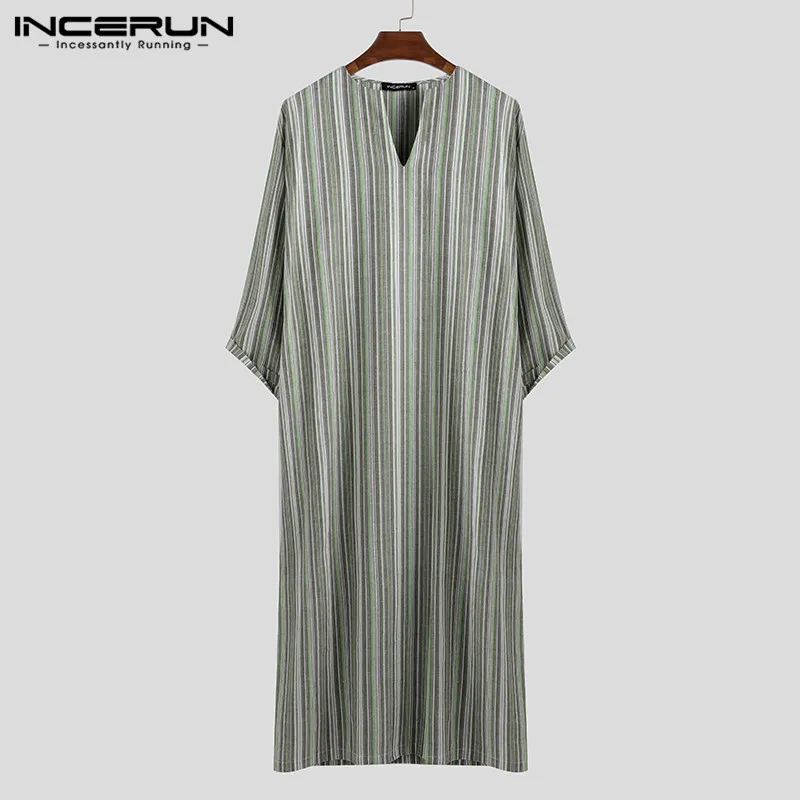 Green INCERUN мужской исламский, арабский мусульманское платье, одежда в полоску, хлопок, длинный рукав, v-образный вырез, винтажное jubba tobe, мужское платье из Дубая abaya - Цвет: Green