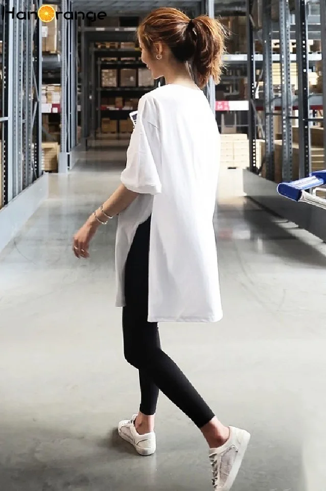 Хлопковая летняя футболка с разрезом Свободный Топ Длинная женская белого цвета