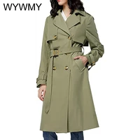 double breasted long trench coat women office lady turn down collar full sleeve overcoat with belt elegant long chic outerwear