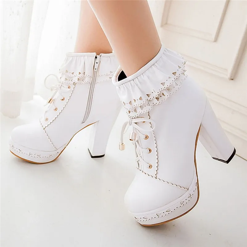 WH Botas Mujer/модные зимние ботильоны в стиле Лолиты на очень высоком каблуке с круглым носком и шнуровкой женские кожаные ботинки в стиле ретро;#5 - Цвет: WH