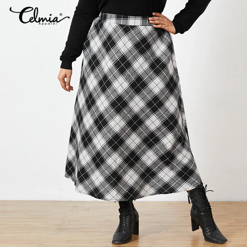 Celmia Fashion Plaid Long Skirt Women Vintage Checked Maxi Skirts 2021 Autumn Office Pocket Casual Loose Party Jupes Plus Size