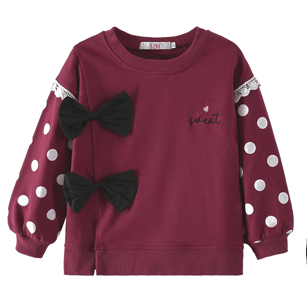 

Spring New Products Girls' Sweatshirt Cute Bowknot Lace Polka Dot Printed Solid Color Long Sleeve Pullover Clothes