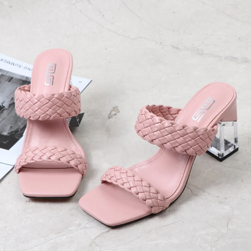 

2022 Summer Women 8.5cm High Heels Slides Mules Weave Leather Clear Block Heels Slippers Girls Designer Slip On Outside Shoes