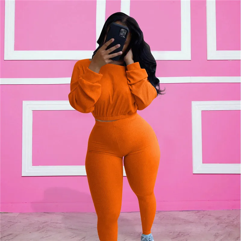 

2020 New Autumn 2 Pieces Sets Womens Long Sleeve O-neck Solid Casual T-shirt Outerwear Short Crop Tops High Waist Pants 2020