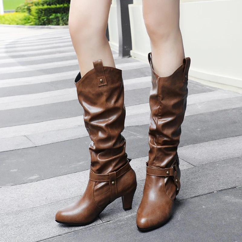 

New Stylish Women'S Shoes Leather Long Boots Women Round Toe High heeled Over The Knee Western Knight Boots Shoes Woman 188-1