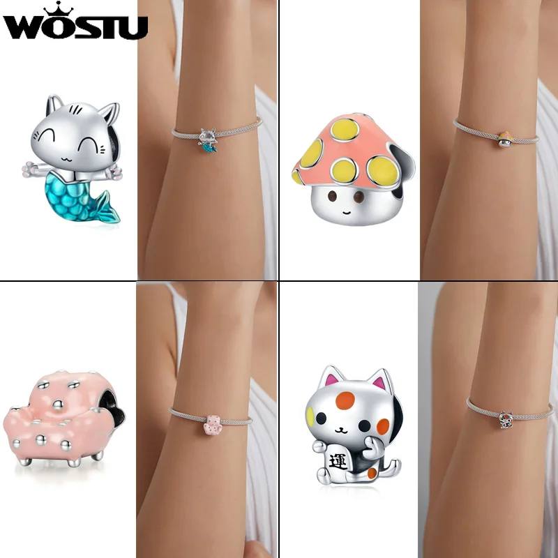

WOSTU 925 Sterling Silver Kitty Mermaid Cat Mushroom Sofa Charms Pendant Fit Bracelet Women Girl Cute Fashion DIY Jewelry Gift