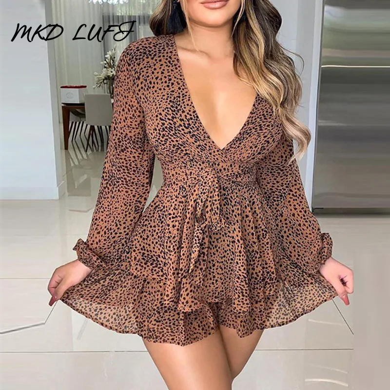 

Leopard Print Sexy V Neck Romper Women Jumpsuits Lantern Long Sleeve Casual Playsuit Overalls