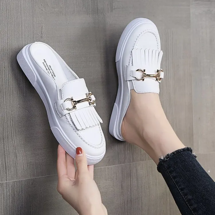 

2021 Summer New Women's Sandals Fashionable Tassel Flat White All-Match Muller Half Slippers