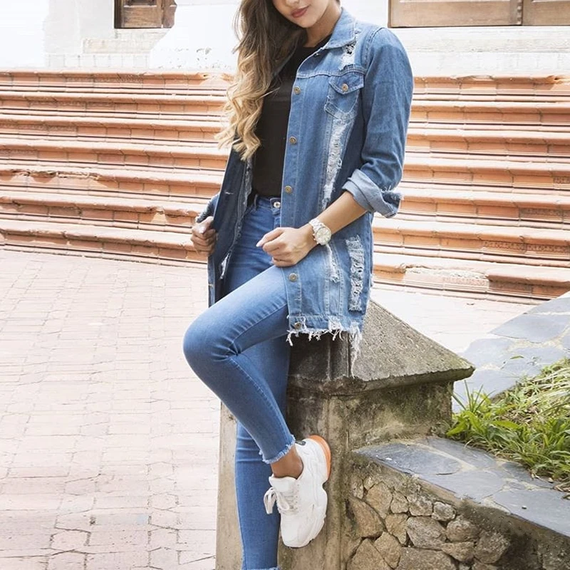 

Denim Jackets Women Ripped Long Sleeve Button Outerwear Autumn Coat Female Streetwear Frayed Korean Style Designer Jeans Jacket