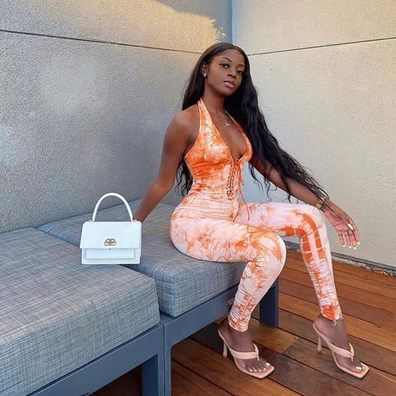 Комбинезон hirigin сплошной оранжевый с вырезами пикантный клубный ромпер лямкой на