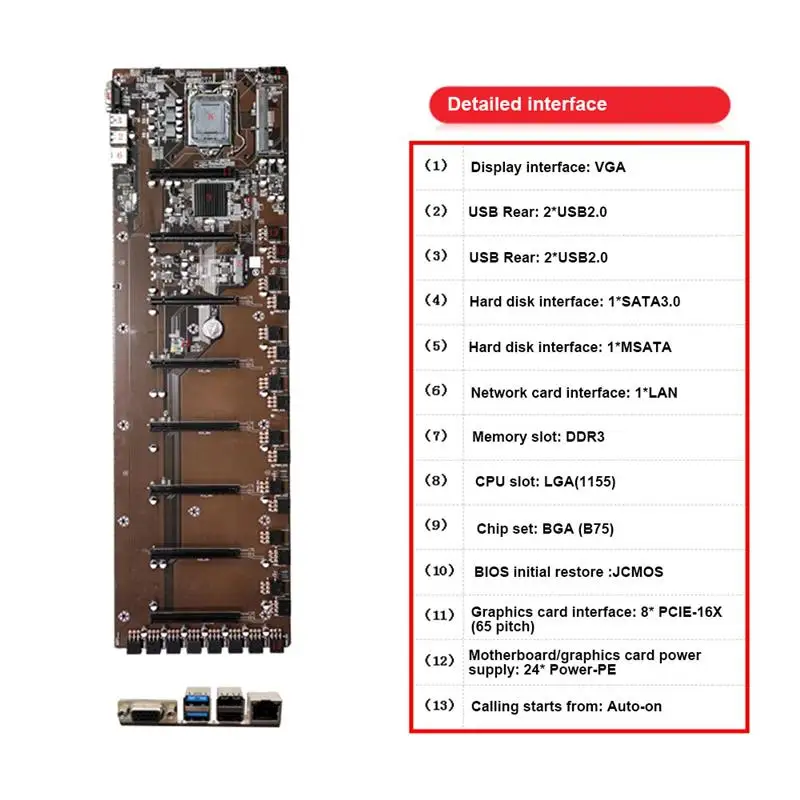 brand new mining machine b75 motherboard 8 pcie 16x graphics card slot 8g mainboard memory for lga 1155 cpu eth zec etc mining free global shipping
